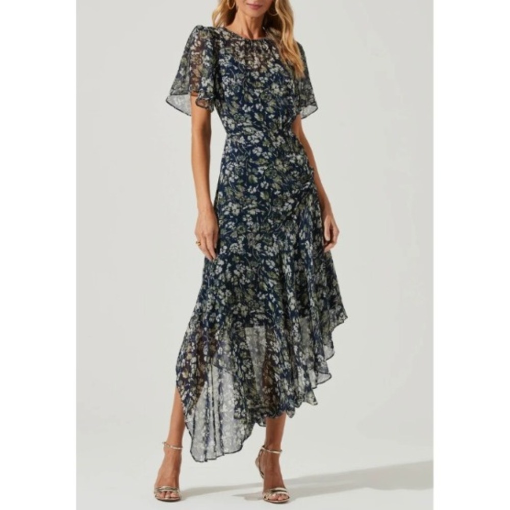 ASTR The Label Flutter Sleeve Asymmetric Maxi Dress Blue Floral Women Size Small